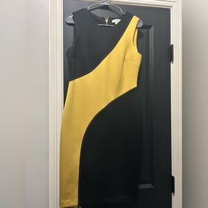 Calvin Klein Yellow and Black Asymmetrical Sheath Dress